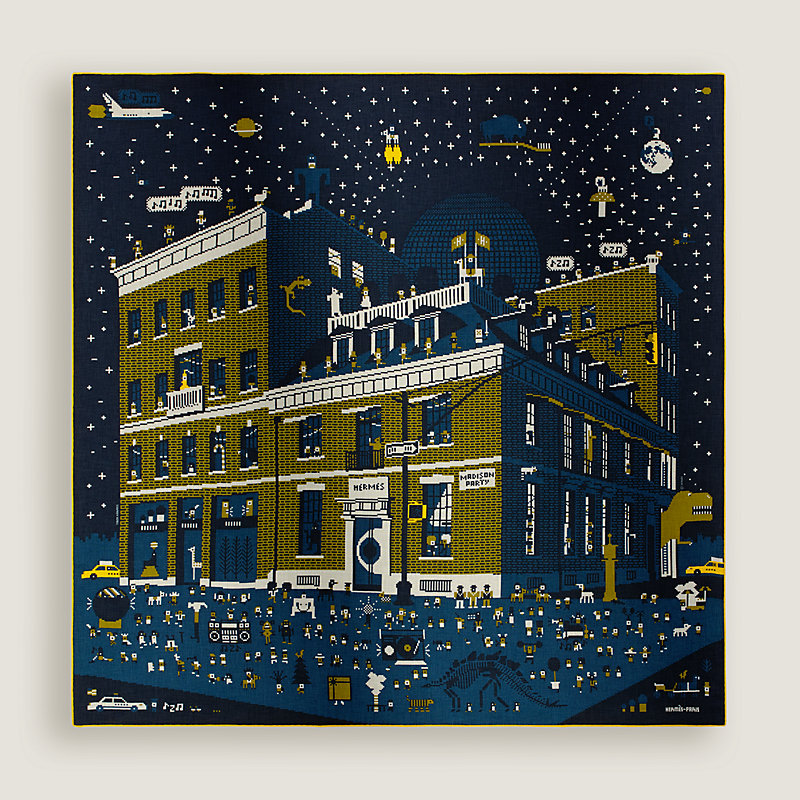 ★優美品•HERMES，SILKネイビー　※ジャガード H織柄•箱付き Madison Party scarf 100 | Hermès Canada